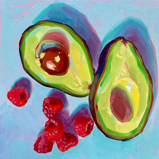 Original oil painting by Alai Ganuza titled "Avocados and raspberries". Two avocado halves and a cluster of ripe red raspberries rendered in thick impasto with a pink underpainting visible against a bright sky-blue background.