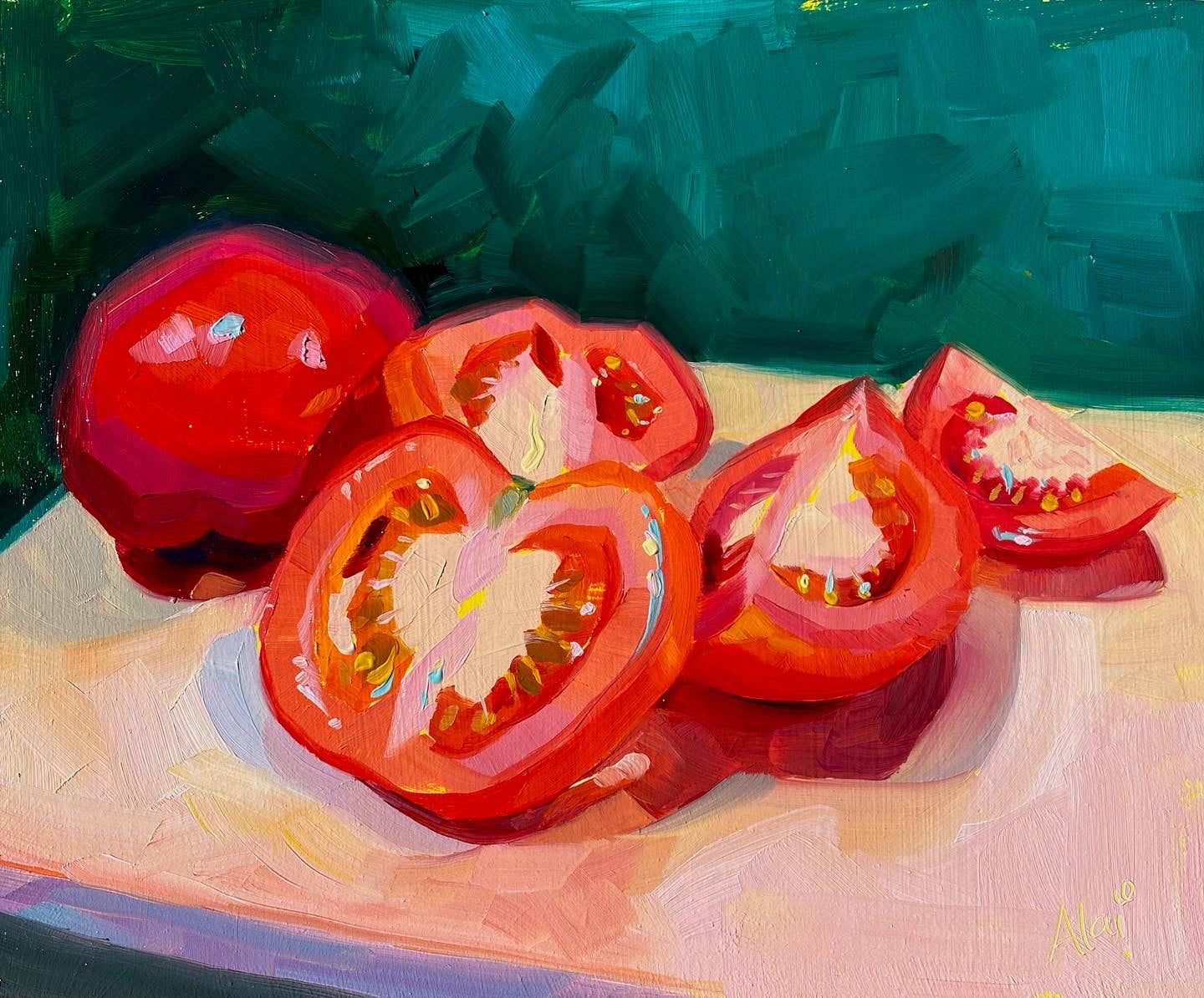 Original oil painting by Alai Ganuza titled "Tomatoes on green". A whole red tomato alongside several fresh slices, rendered in thick impasto with a yellow underpainting against a deep forest green background and pinkish surface.