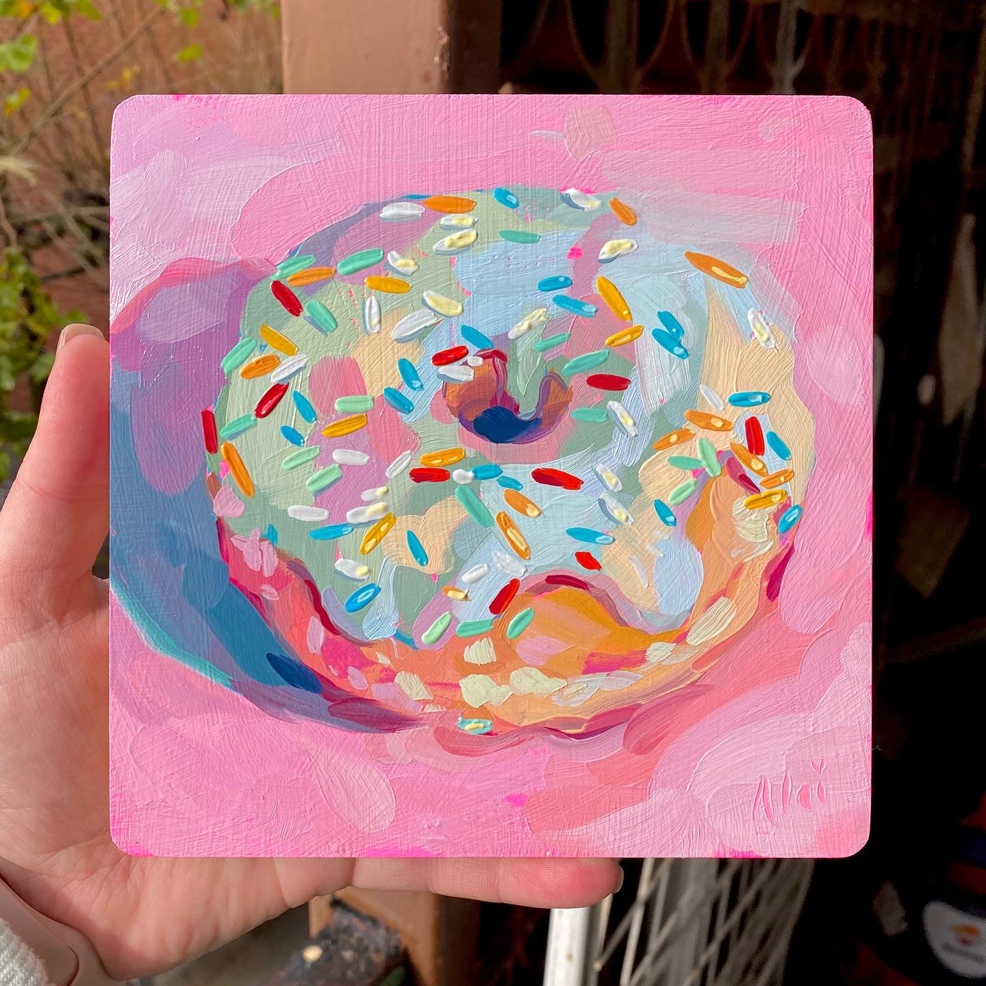 White Glazing Donut - Original Oil Painting - Dessert Wall Art - 6 inches
