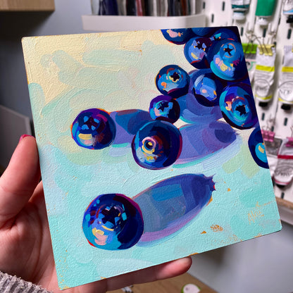 Golden Blueberries - Original Oil Painting - Fruit Art on Aluminum - 6 inches