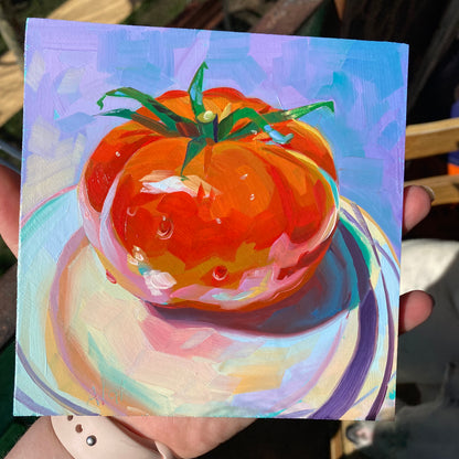 Tomate II - Pintura al óleo original - 5,5 x 5,5 pulgadas