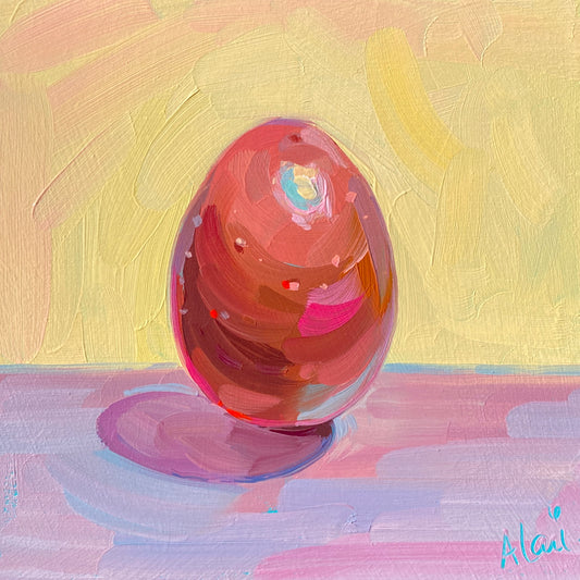 Original oil painting by Alai Ganuza titled "Egguilibrium". A single brown egg balancing upright on a lavender purple surface against a sunny yellow background. The painting features visible teal underpainting and thick brushstrokes.