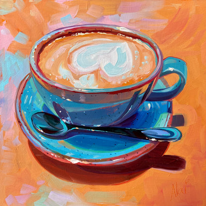 Original oil painting by Alai Ganuza titled "Cappuccino". A vibrant teal-blue coffee cup and saucer with a heart-shaped latte art design, set against a warm, textured orange and peach background.