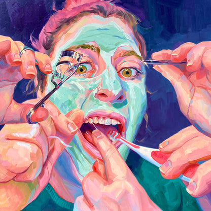 Original large-scale oil painting by Alai Ganuza titled "Multiverse of self care". A person (Alai) with a green face mask has multiple hands performing grooming tasks simultaneously: curling eyelashes, tweezing, flossing, and brushing teeth against a dark purple background.
