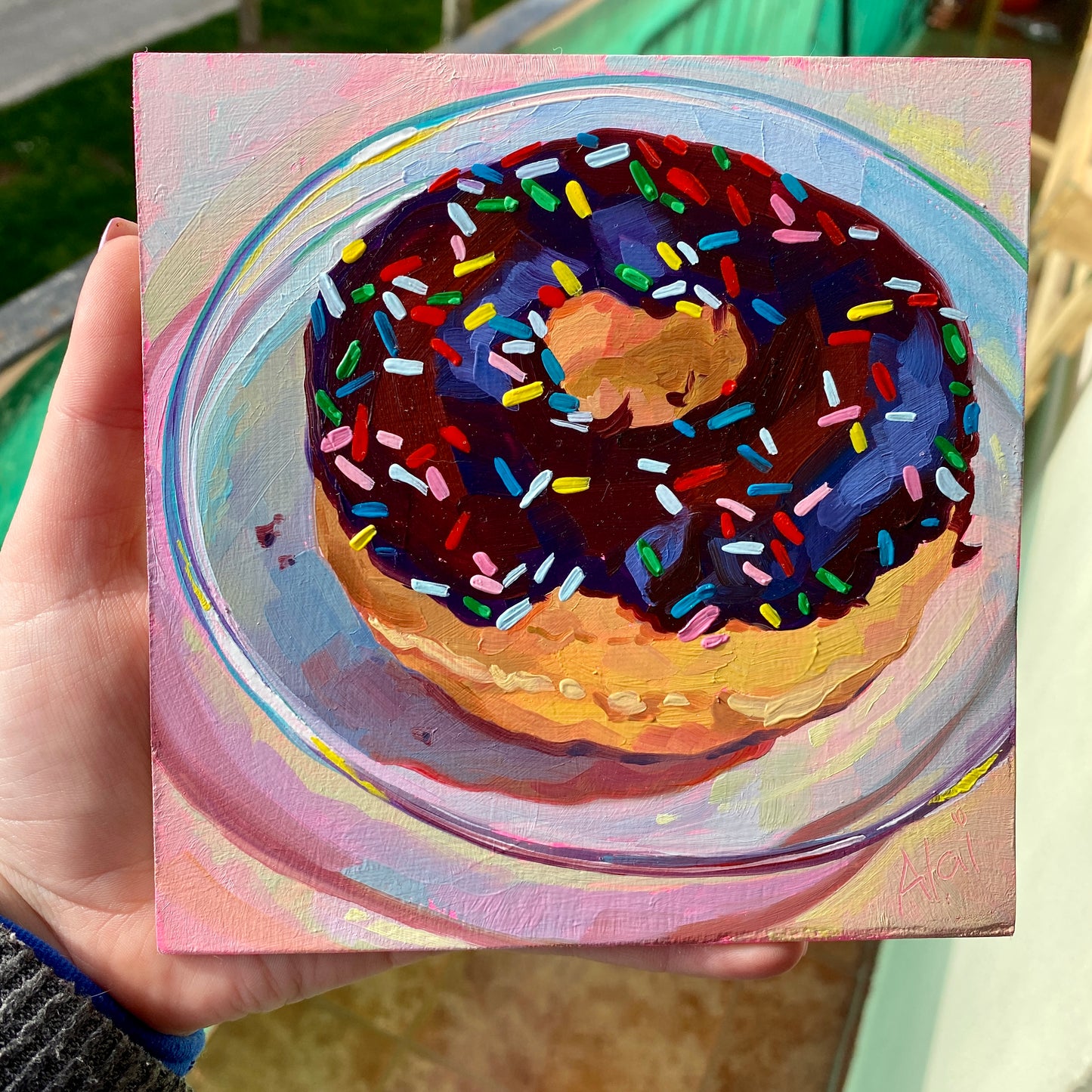Chocolate-sprinkle Donut II - Original Oil Painting - Dessert Art - 6x6 inches