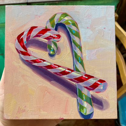 Candy Cane Christmas - Original Oil Painting - 6x6 inches