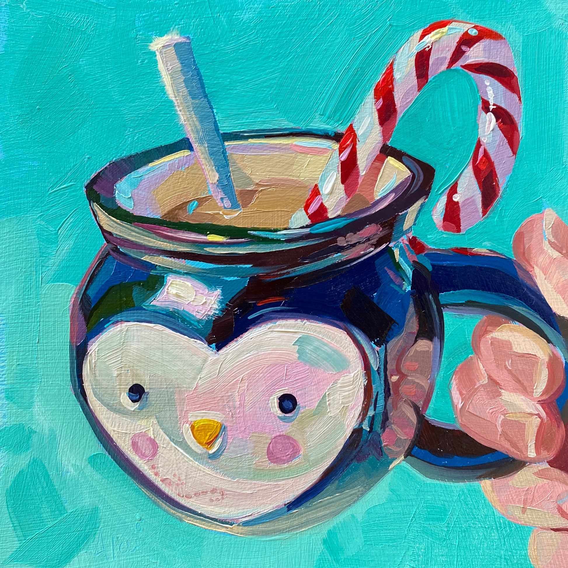 Original oil painting by Alai Ganuza titled "Pingucauldron Christmas". A blue penguin-shaped mug filled with hot chocolate and a candy cane, rendered in thick impasto against a vibrant teal background.