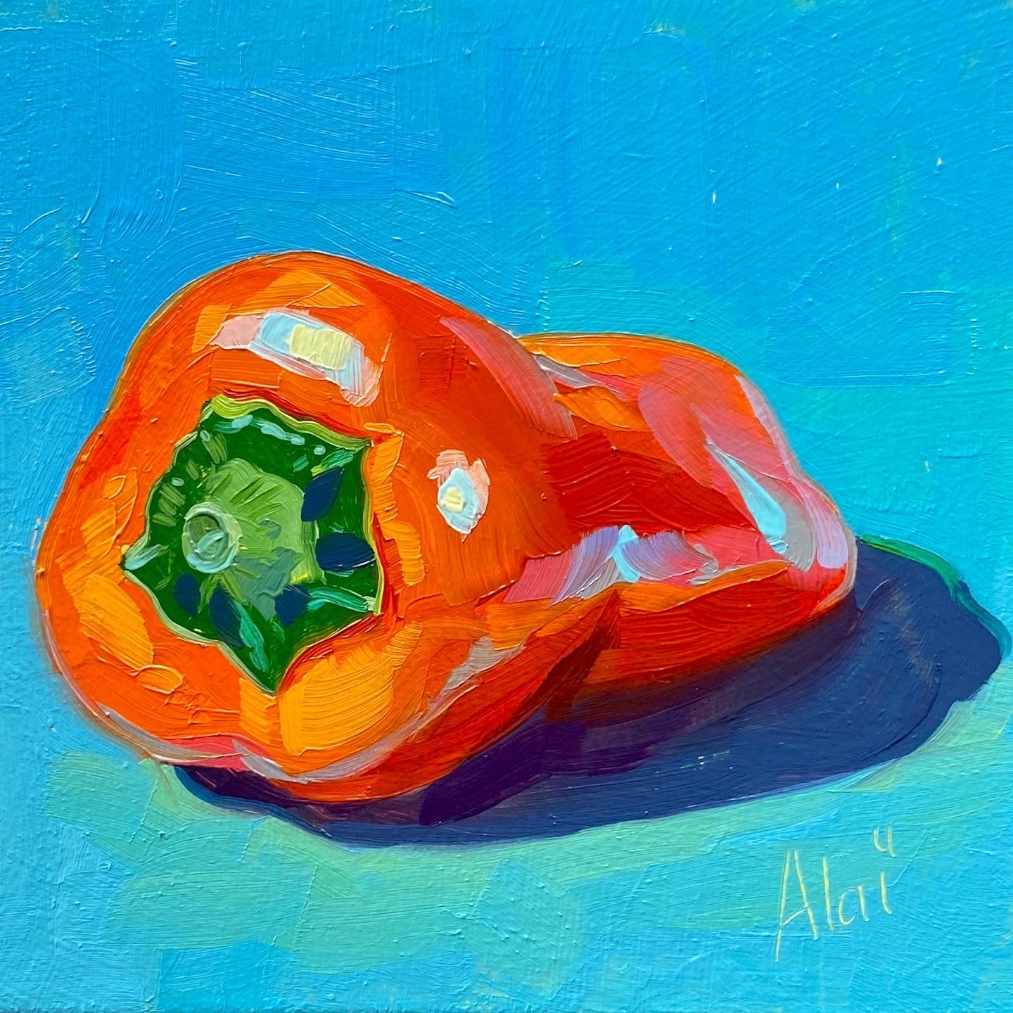 Original oil painting by Alai Ganuza titled "Orange pepper". A single, vibrant orange bell pepper with a green stem, casting a dark purple shadow against a bright, textured cyan-blue background.