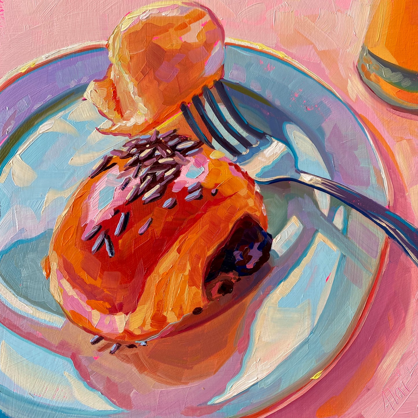 Original oil painting by Alai Ganuza titled "Pain au chocolat". A golden, flaky pastry topped with chocolate sprinkles on a light blue plate with a silver fork, featuring vibrant pink and orange highlights and thick impasto texture.