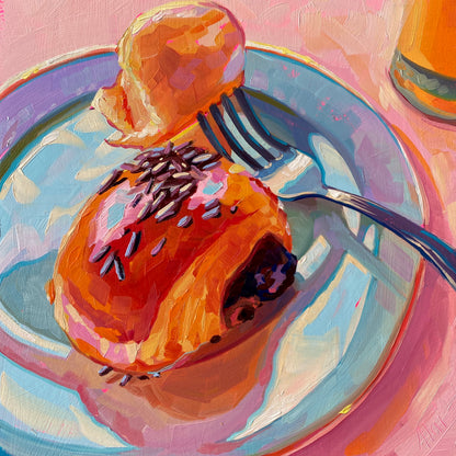 Original oil painting by Alai Ganuza titled "Pain au chocolat". A golden, flaky pastry topped with chocolate sprinkles on a light blue plate with a silver fork, featuring vibrant pink and orange highlights and thick impasto texture.