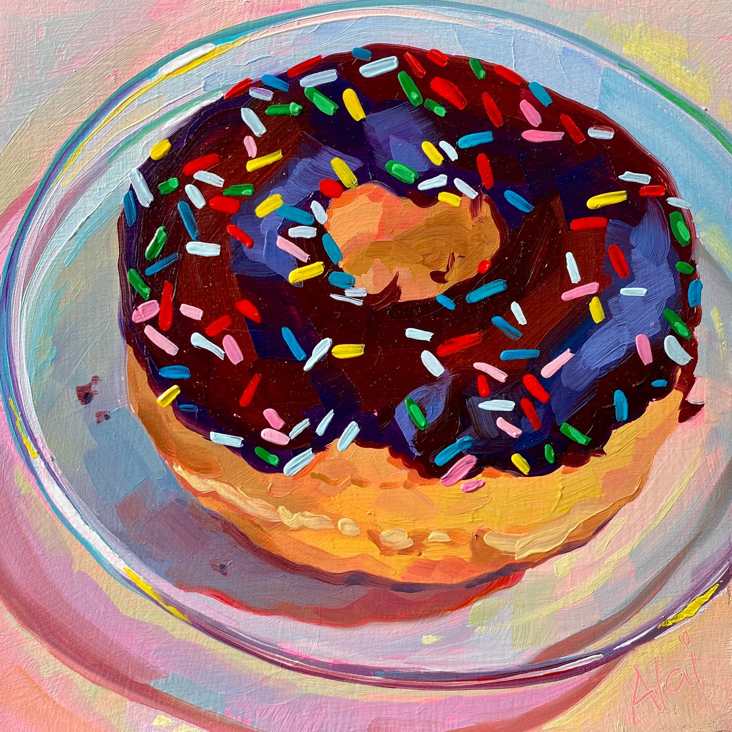 Original oil painting by Alai Ganuza titled "Chocolate-sprinkle donut II". A chocolate glazed donut with colorful rainbow sprinkles on a clear glass plate, casting a red shadow against a light pink and yellow background.