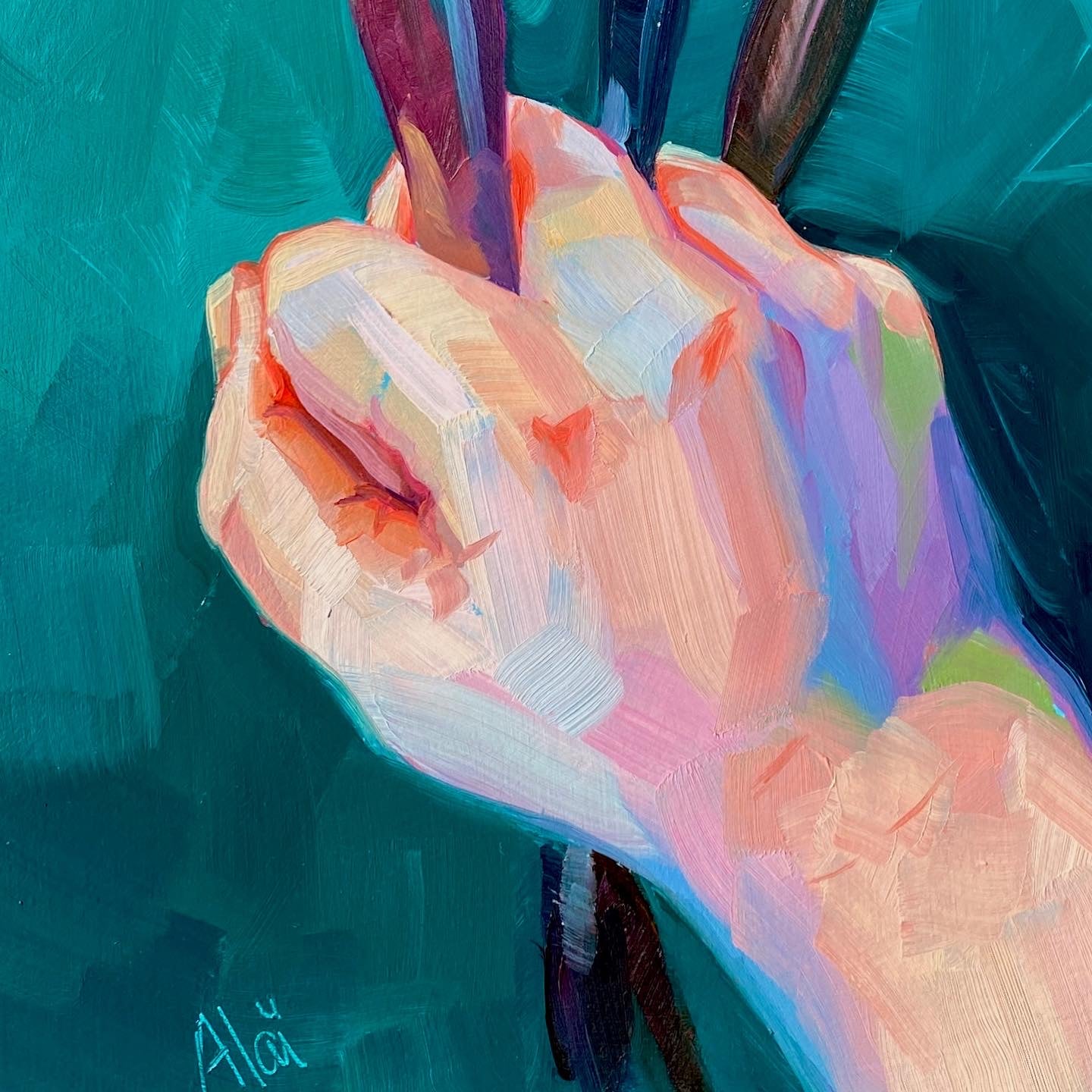 Hand with Brushes - Original Oil Painting - 8x10.6 inches