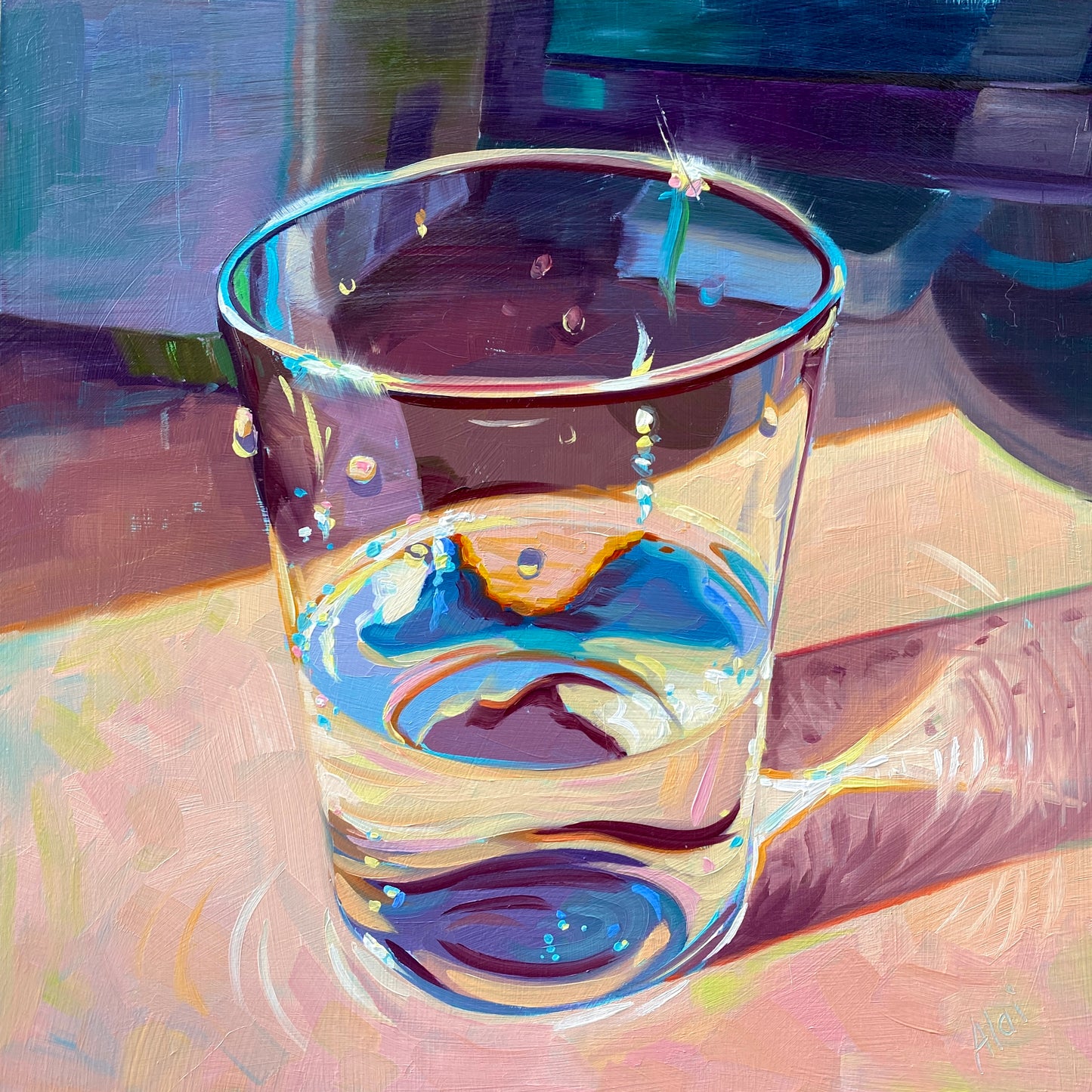 Original oil painting by Alai Ganuza titled "Glass of water III". A clear glass filled with water, featuring vibrant prismatic reflections in teal, purple, and yellow, rendered in thick impasto on a sun-drenched surface.