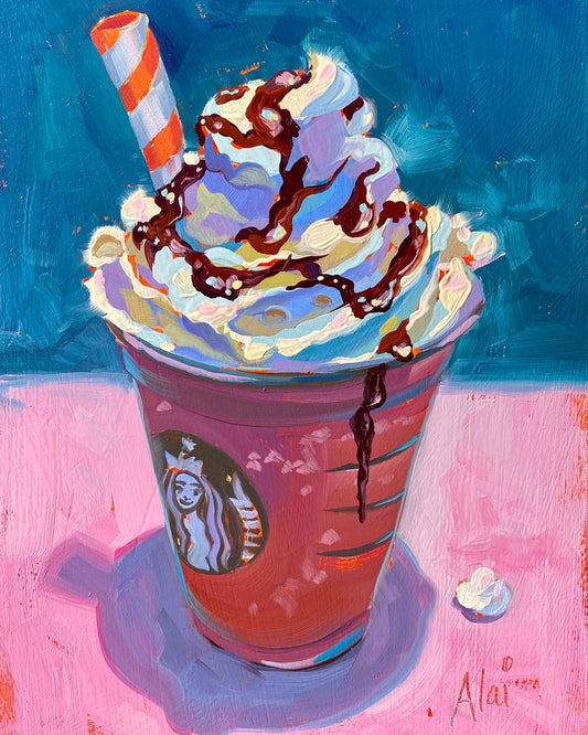 Original oil painting by Alai Ganuza titled "Starbucks's iced latte". A classic Starbucks plastic cup filled with a blended drink, topped with a mountain of whipped cream, chocolate drizzle, and a striped straw, resting on a bright pink surface against a dark blue background.