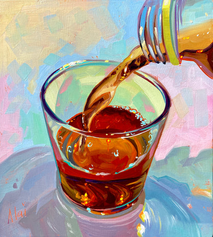 Original oil painting by Alai Ganuza titled "Cold tea glass". Golden-brown amber tea is poured from a bottle into a clear glass tumbler, capturing colorful warped reflections against a textured pastel pink and blue background.