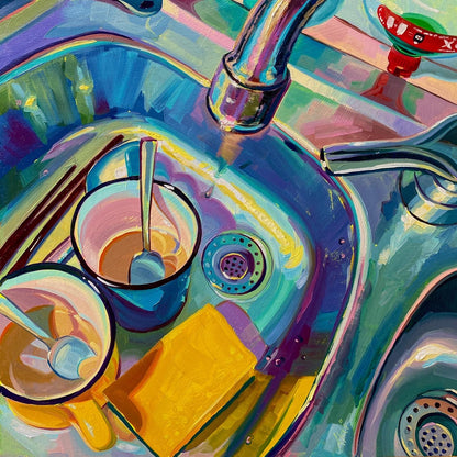 Original oil painting by Alai Ganuza titled "Kitchen Sink VII". A vibrant kitchen sink view from above featuring two mugs with spoons and a yellow sponge, rendered in thick impasto with electric blue, purple, and green tones.
