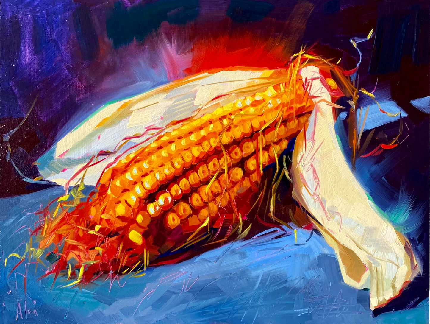 Original oil painting by Alai Ganuza titled "Corn". A single ear of corn with pale husks resting on a blue surface, featuring glowing orange and yellow kernels against a dark indigo background.