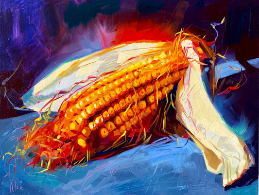 Original oil painting by Alai Ganuza titled "Corn". A single ear of corn with pale husks resting on a blue surface, featuring glowing orange and yellow kernels against a dark indigo background.