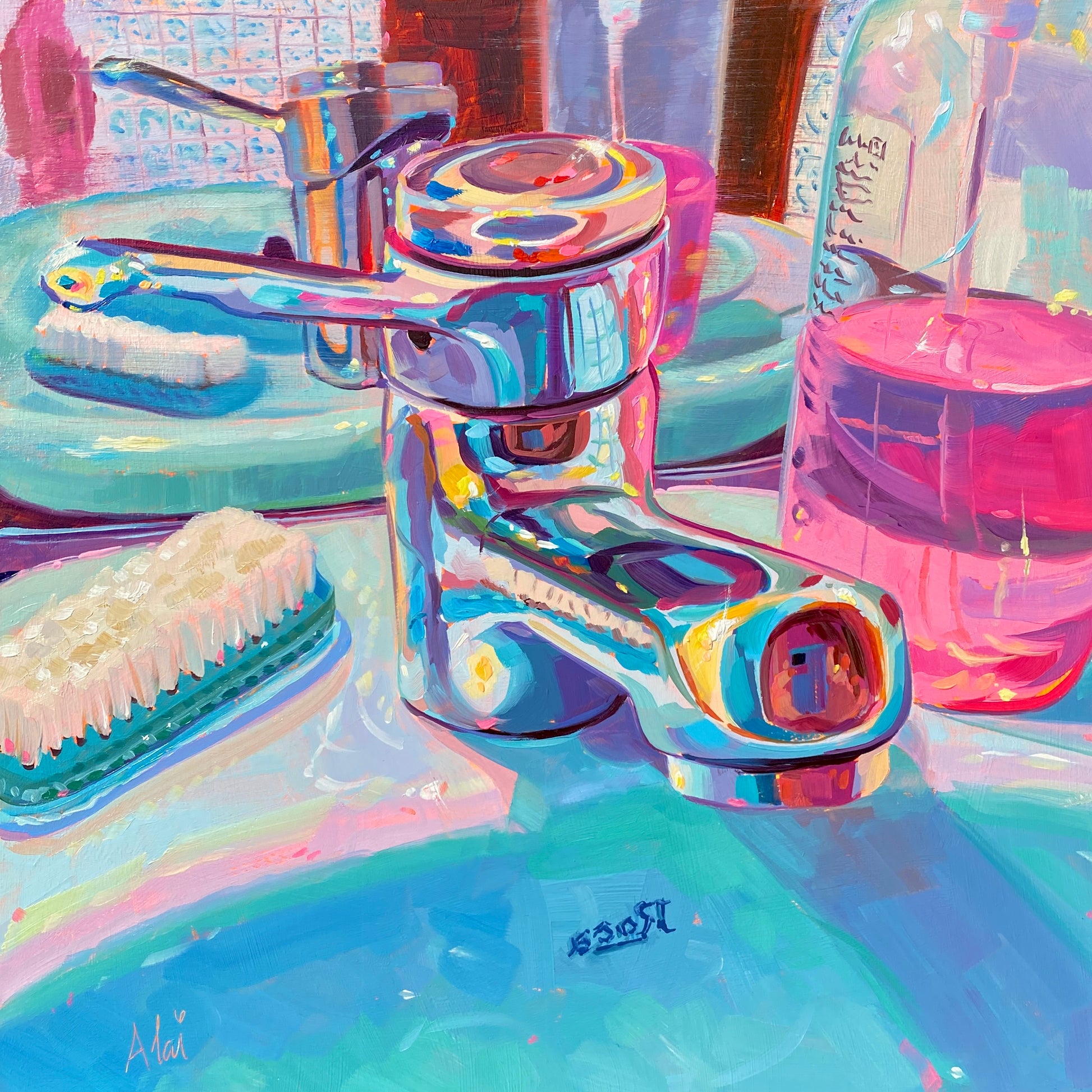 Original oil painting by Alai Ganuza titled "Bath tap IV". A chrome faucet with vibrant pink and blue reflections sits in a teal sink next to a pink soap bottle and a nail brush, rendered in thick impasto.