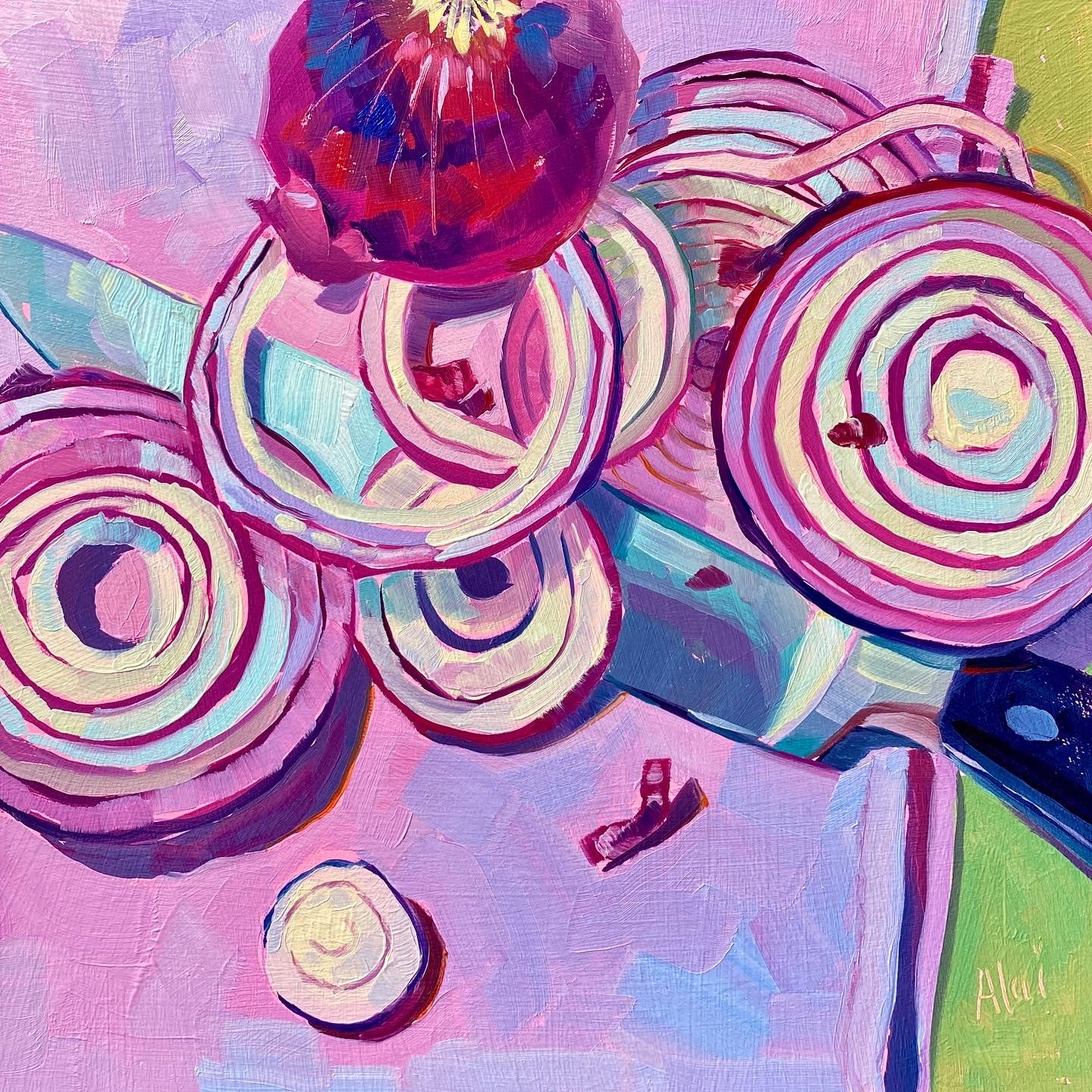 Original oil painting by Alai Ganuza titled "Cutting onions". A top-down view of vibrant purple and magenta red onions, sliced into rings, resting next to a chef's knife reflecting teal and blue hues, set against a highly textured pastel pink and bright green background.