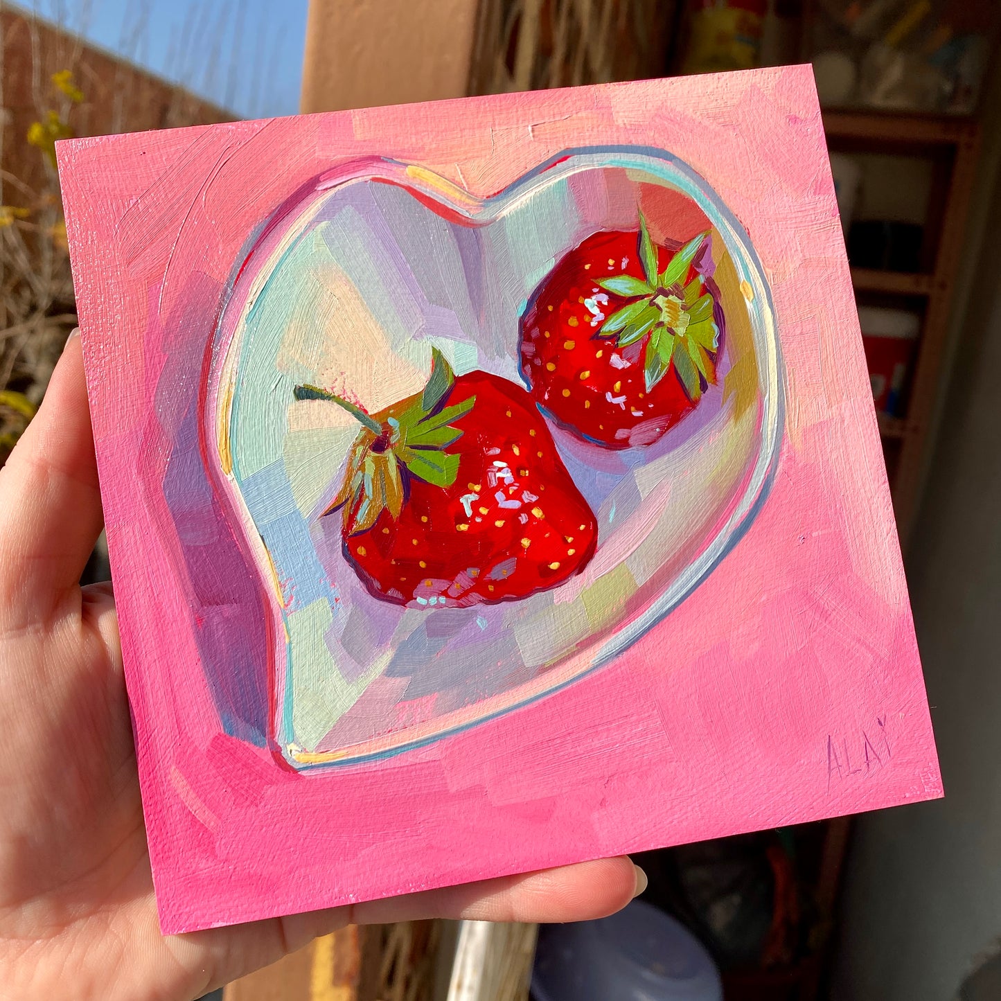 Strawberry Heart Plate - Original Oil Painting - Romantic Fruit Art - 6 inches