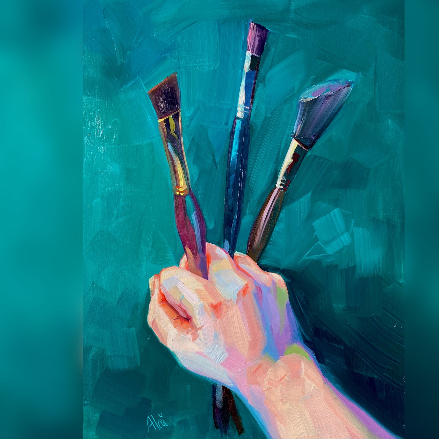 Original oil painting by Alai Ganuza titled "Hand with brushes". A hand firmly clutching three vertical paint brushes, rendered in thick impasto with a multiverse of pink, blue, and orange skin tones against a deep, textured teal background.