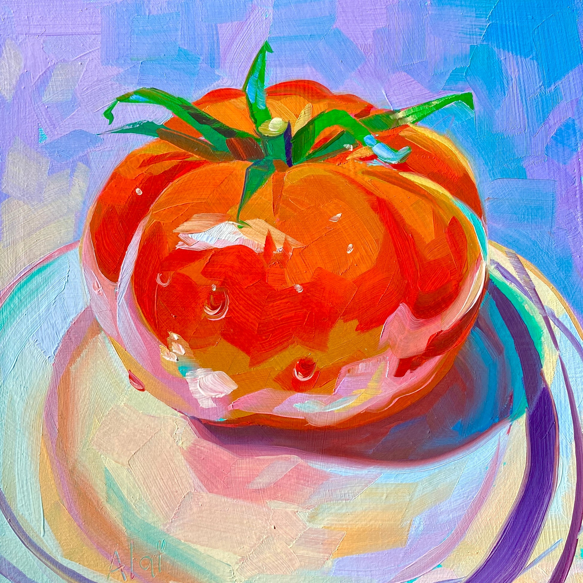 Original oil painting by Alai Ganuza titled "Tomato II". A single ripe tomato in fiery orange and red tones with a green stem, rendered in thick impasto on a light-colored plate against a vibrant blue and lavender background.