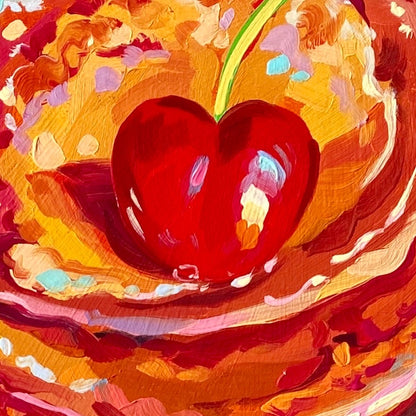 Cerezas y panqueques de corazón - Pintura al óleo original