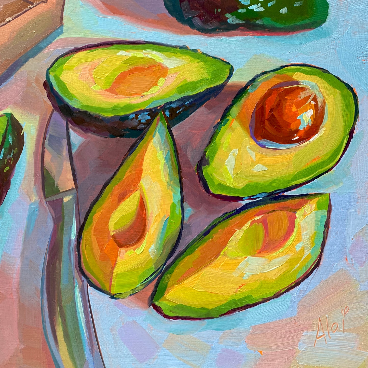 Original oil painting by Alai Ganuza titled "Avocado and a half". Multiple pieces of ripe avocado, including halves and slices, rendered in thick green and yellow impasto with deep purple shadows on a light sky-blue background.