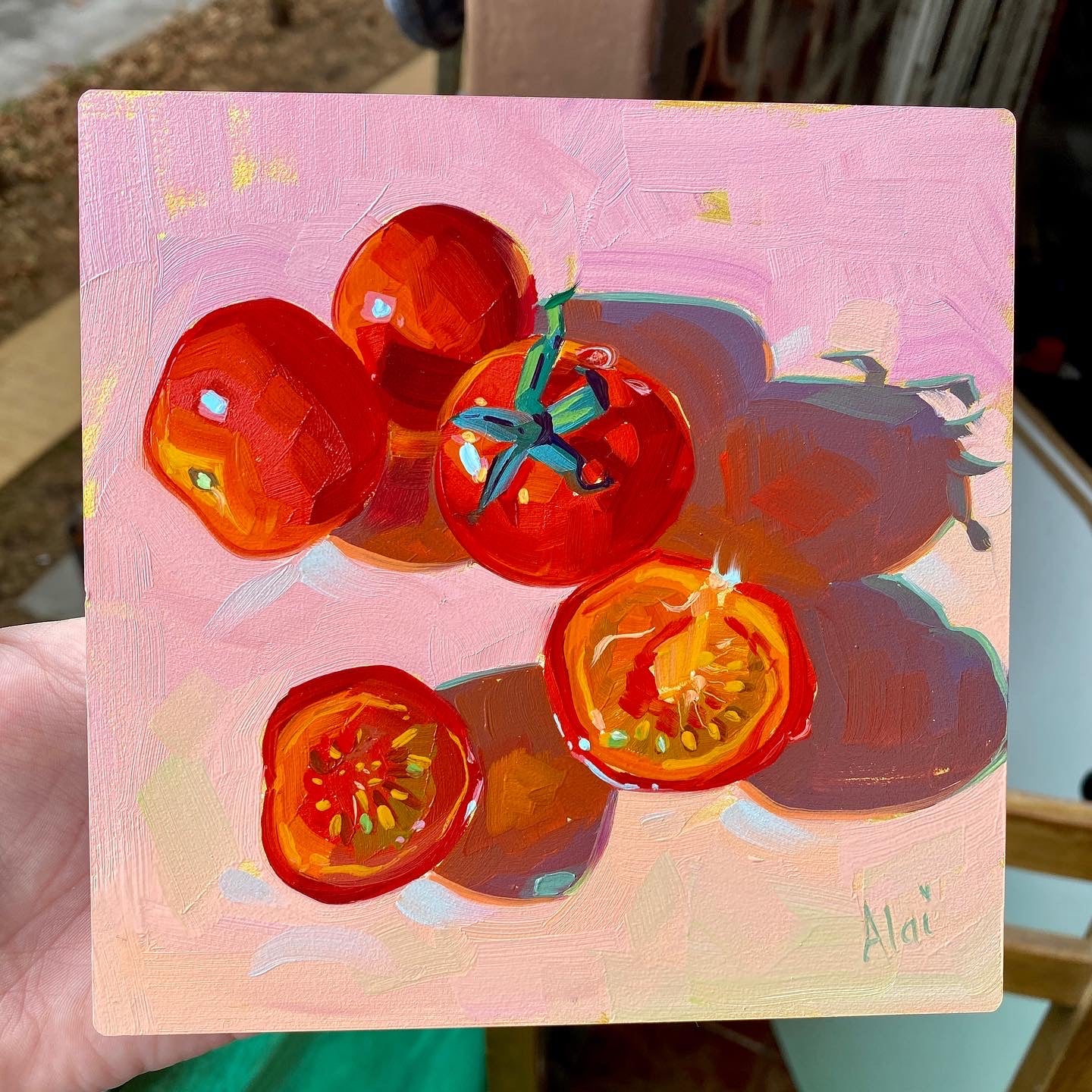 Cherry Tomatoes in Gold - Original Oil Painting - Kitchen Art - 6 inches