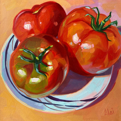 Original oil painting by Alai Ganuza titled "Three tomatoes under the sun". Three ripe, vibrant red tomatoes with fresh green stems, casting deep purple shadows on a sun-drenched, textured light background.