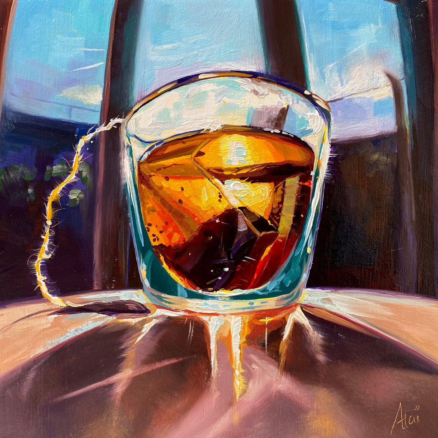 Original oil painting by Alai Ganuza titled "Tea glass". A clear glass filled with glowing amber tea and a tea bag, rendered in thick impasto with golden underpainting visible, casting long light shadows on a dark surface.