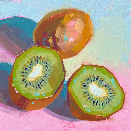 Original oil painting by Alai Ganuza titled "Kiwi". Two bright green kiwi halves and one whole kiwi rendered in thick impasto against a vibrant pink and light blue background with deep purple shadows.