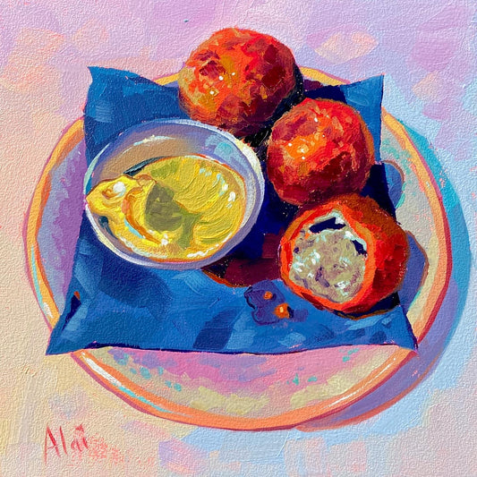 Original oil painting by Alai Ganuza titled "Bitterballen". Three golden-brown, crispy Dutch meatballs, one bitten half-open, resting on a bright cobalt blue square napkin alongside a small bowl of yellow mustard, served on a pastel plate against a textured lilac background.