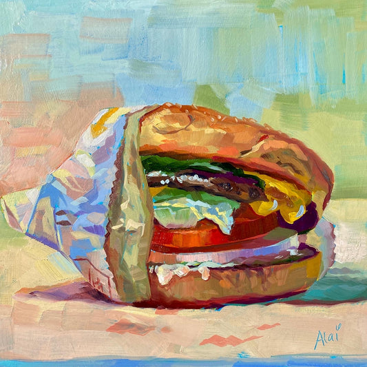 Original oil painting by Alai Ganuza titled "Burger". A thick burger with melted cheese, tomato, and lettuce in a colorful wrapper, rendered in heavy impasto against a light, textured background.