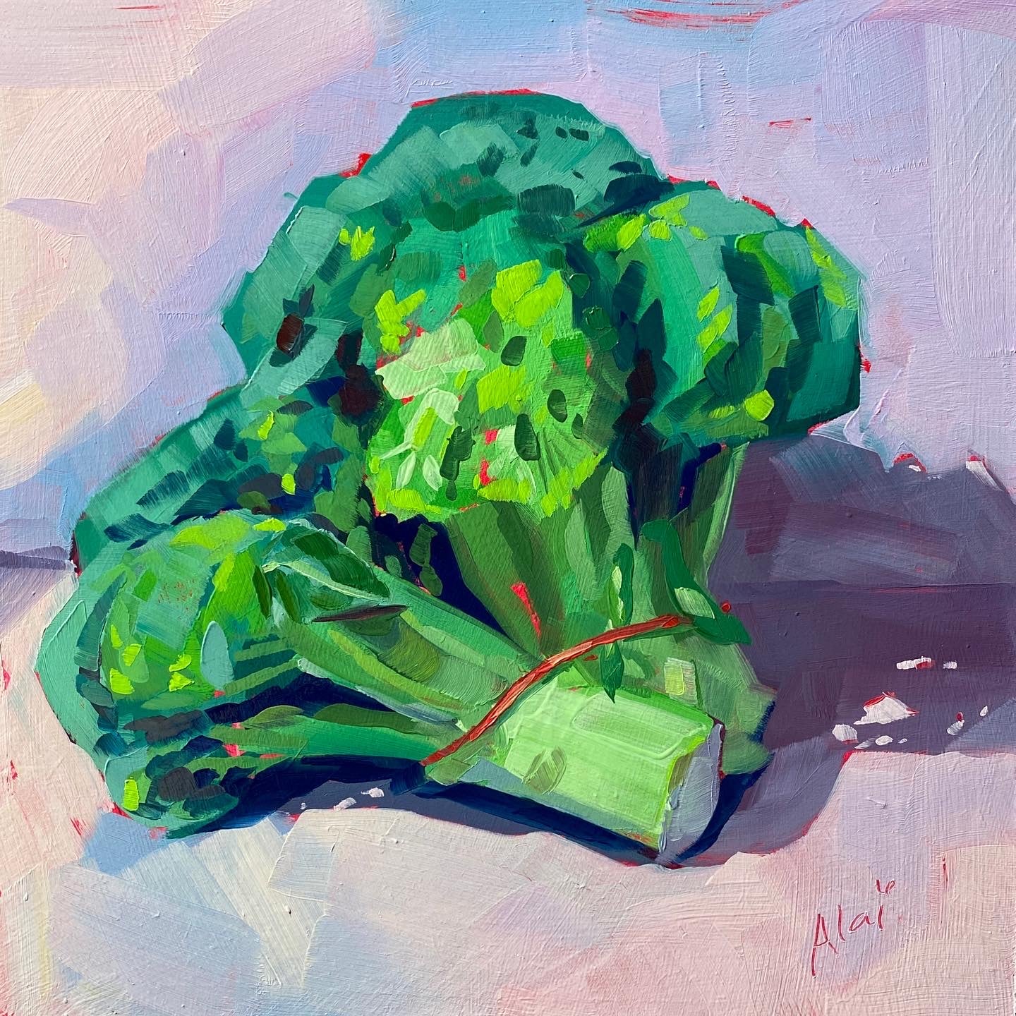 Original oil painting by Alai Ganuza titled "Broccoli". A vibrant head of broccoli secured with a red rubber band, featuring thick impasto brushwork in shades of green and yellow against a light lavender background with deep purple shadows.