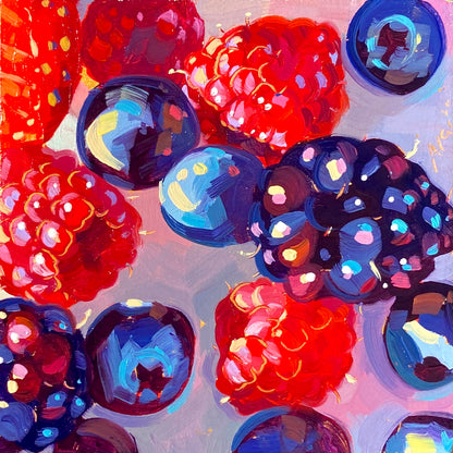 Original oil painting by Alai Ganuza titled "Berry Box I". A close-up view of raspberries, blueberries, and blackberries painted in vibrant reds and blues on a gold-primed wood panel.
