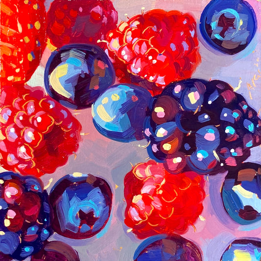 Original oil painting by Alai Ganuza titled "Berry Box I". A close-up view of raspberries, blueberries, and blackberries painted in vibrant reds and blues on a gold-primed wood panel.