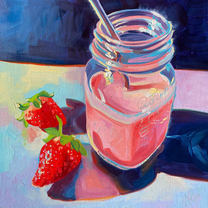 Original oil painting by Alai Ganuza titled "Strawberry smoothie". A mason jar filled with pink smoothie and a straw, next to two ripe red strawberries, featuring thick impasto brushwork and deep purple shadows on a light-filled surface.