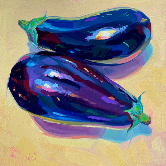 Original oil painting by Alai Ganuza titled "Eggplants". Two deep purple eggplants with green stems and glossy highlights resting on a pale yellow surface on a square wood panel.