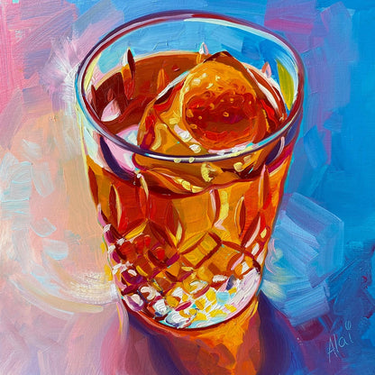Original oil painting by Alai Ganuza titled "Fire drink". A textured glass filled with a glowing amber liquid and a large ice cube, rendered in thick impasto with vibrant orange and gold highlights against a sky-blue and lavender background.