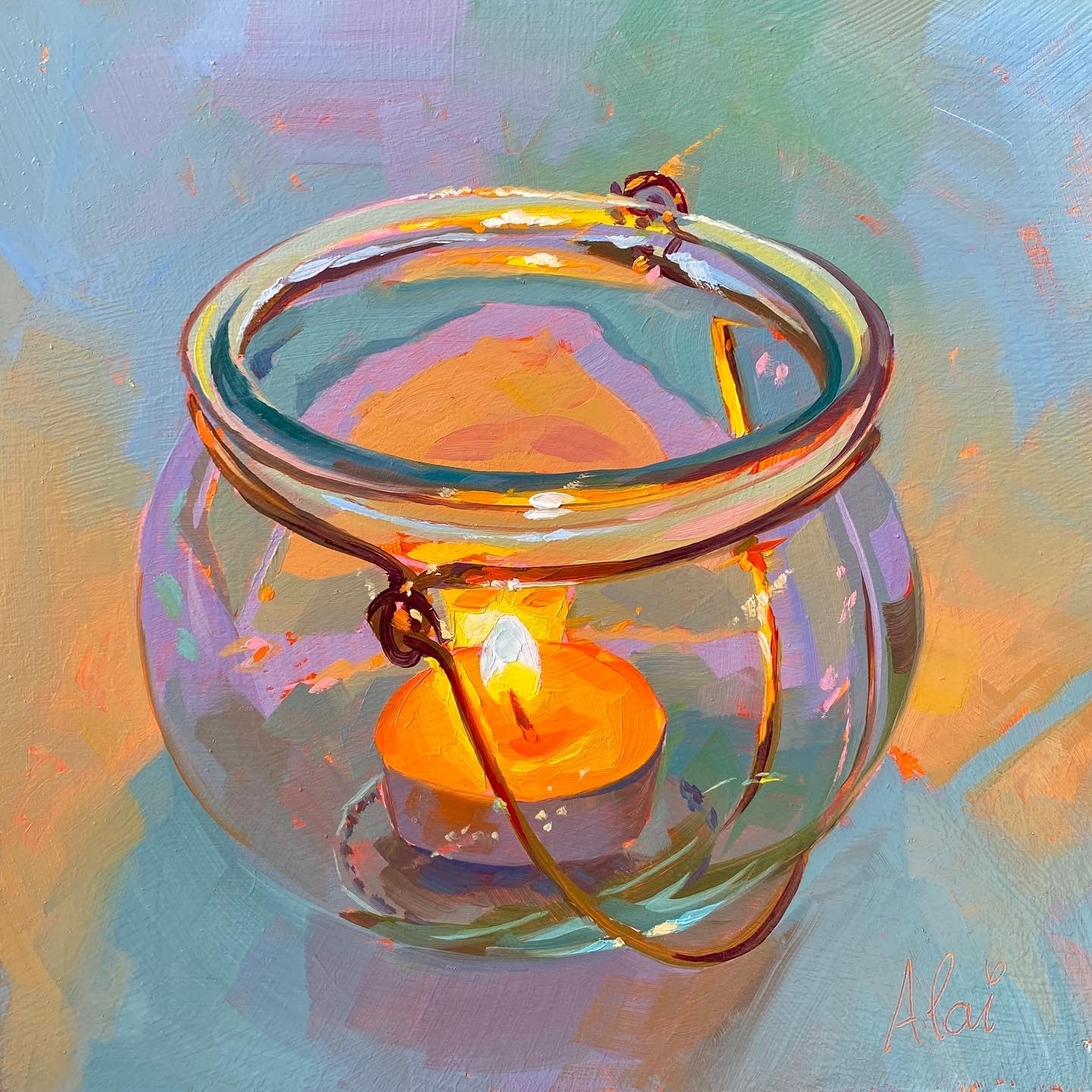 Original oil painting by Alai Ganuza titled "Candle in a pot". A small lit orange tea light candle inside a clear glass jar with a metal handle, featuring vibrant multi-colored reflections against a teal and lavender background.