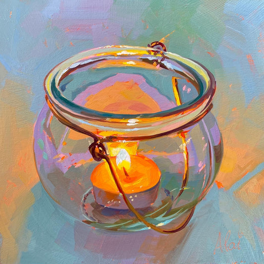 Original oil painting by Alai Ganuza titled "Candle in a pot". A small lit orange tea light candle inside a clear glass jar with a metal handle, featuring vibrant multi-colored reflections against a teal and lavender background.