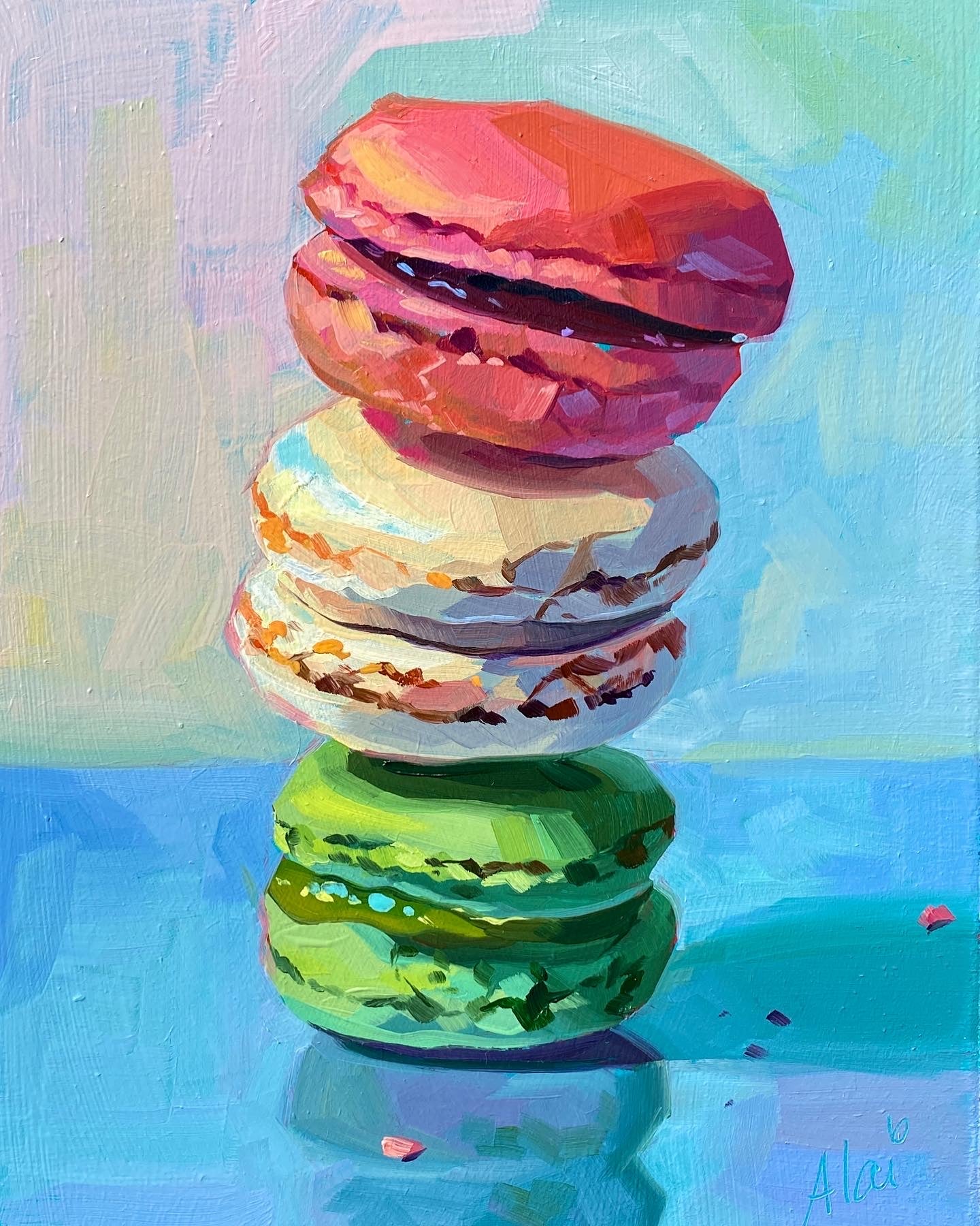 Original oil painting by Alai Ganuza titled "Macaroons". A vertical stack of three colorful macarons—pink, white, and green—rendered in thick impasto against a vibrant blue and lavender background.