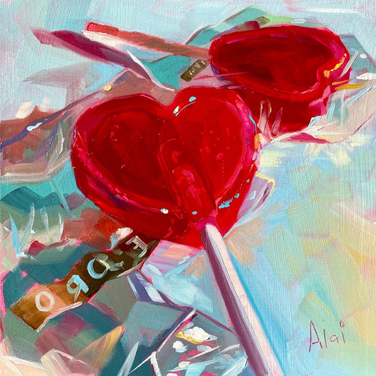 Original oil painting by Alai Ganuza titled "Heart lollies". Two red heart-shaped lollipops with transparent wrappers, rendered in thick impasto against a vibrant teal and light blue background with saturated magenta shadows.