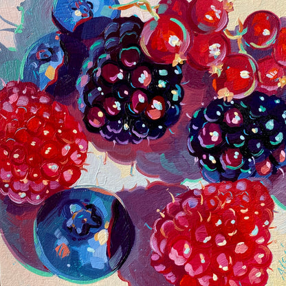 Original oil painting by Alai Ganuza titled "Berry Box III". A close-up, overhead view of fresh raspberries, blackberries, blueberries, and red currants painted in vibrant jewel tones on a square wood panel.