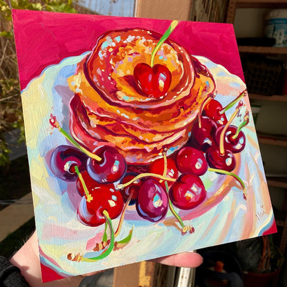 Cerezas y panqueques de corazón - Pintura al óleo original
