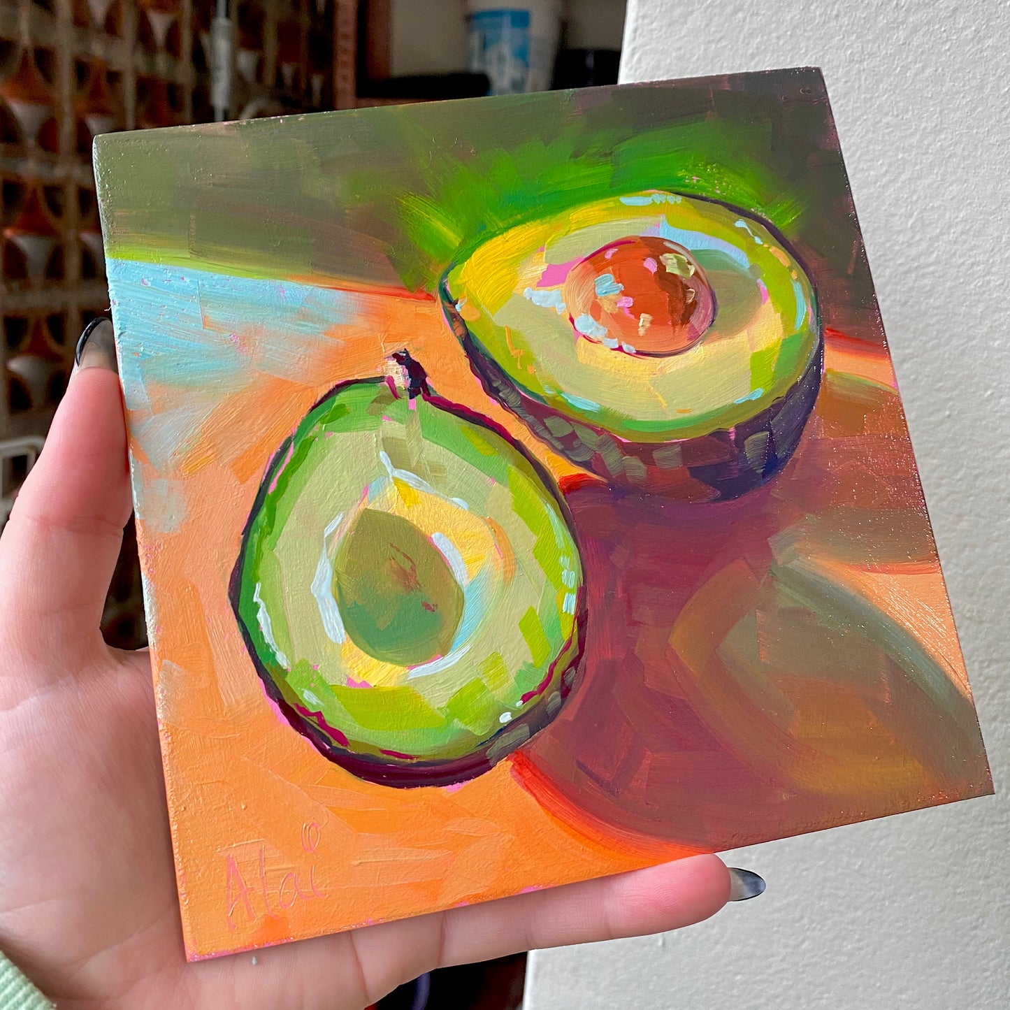 Glowing Avocados - Original Oil Painting - Kitchen Wall Art - 6 inches