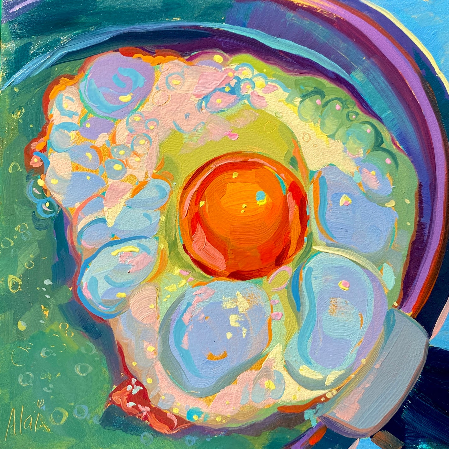 Original oil painting by Alai Ganuza titled "Egg on gold". A top-down view of a fried egg with a vibrant orange-red yolk and textured white featuring blue and purple reflections, set against a dark teal and blue background with gold peeking through.