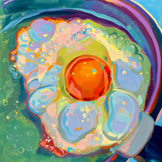 Original oil painting by Alai Ganuza titled "Egg on gold". A top-down view of a fried egg with a vibrant orange-red yolk and textured white featuring blue and purple reflections, set against a dark teal and blue background with gold peeking through.